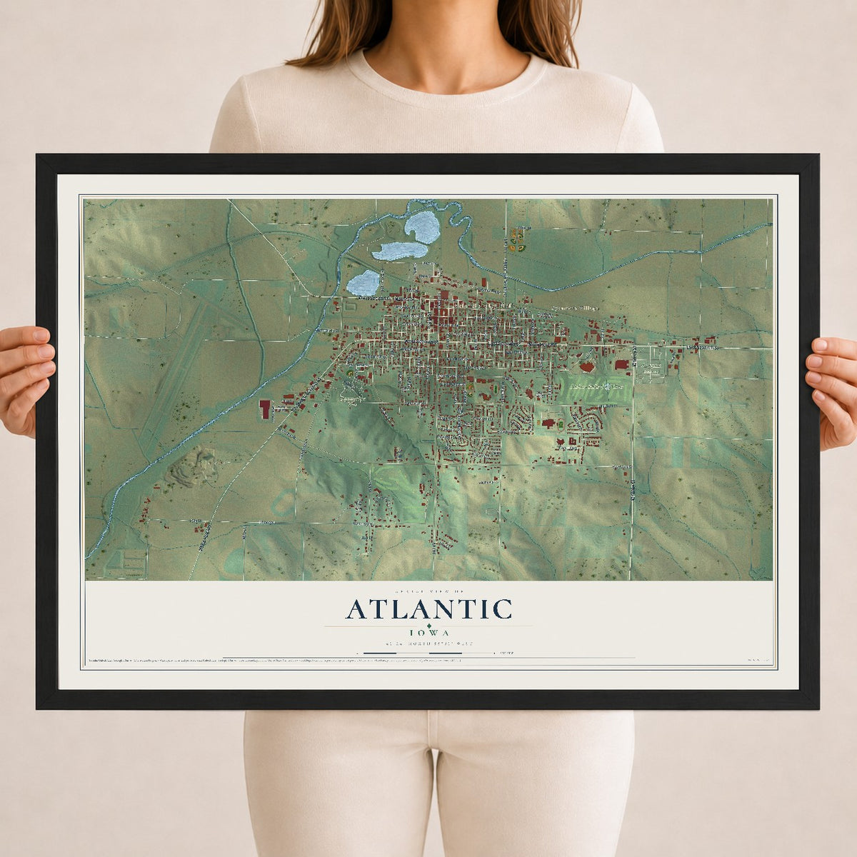 Map of Atlantic, Iowa, 18 x 24 inch print in a black wood frame