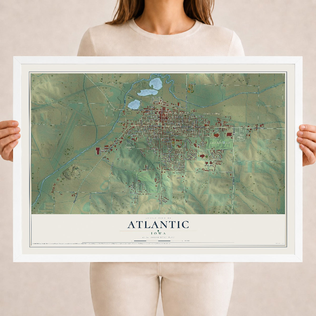 Map of Atlantic, Iowa, 18 x 24 inch print in a white wood frame