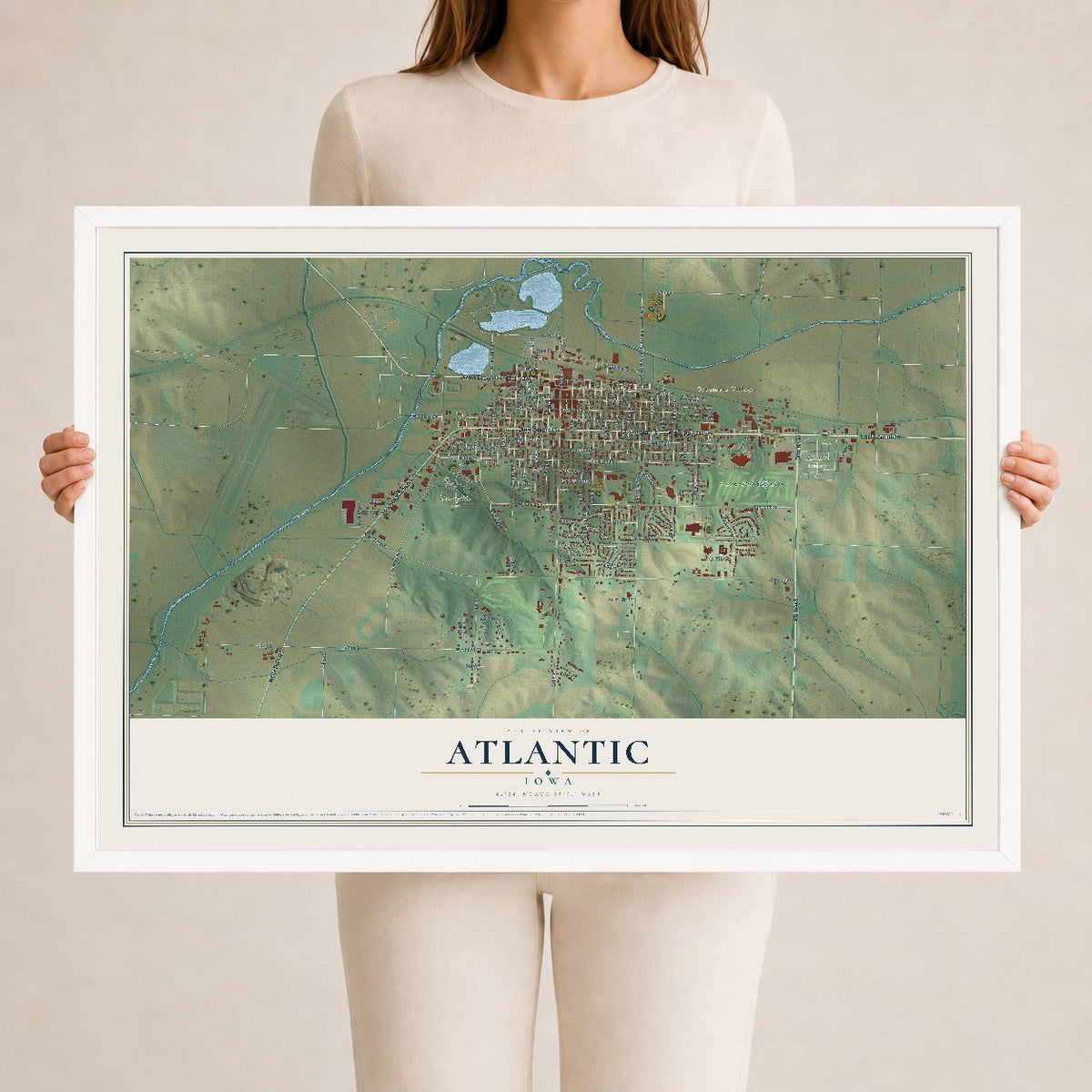 Map of Atlantic, Iowa, 24 x 36 inch print in a white wood frame