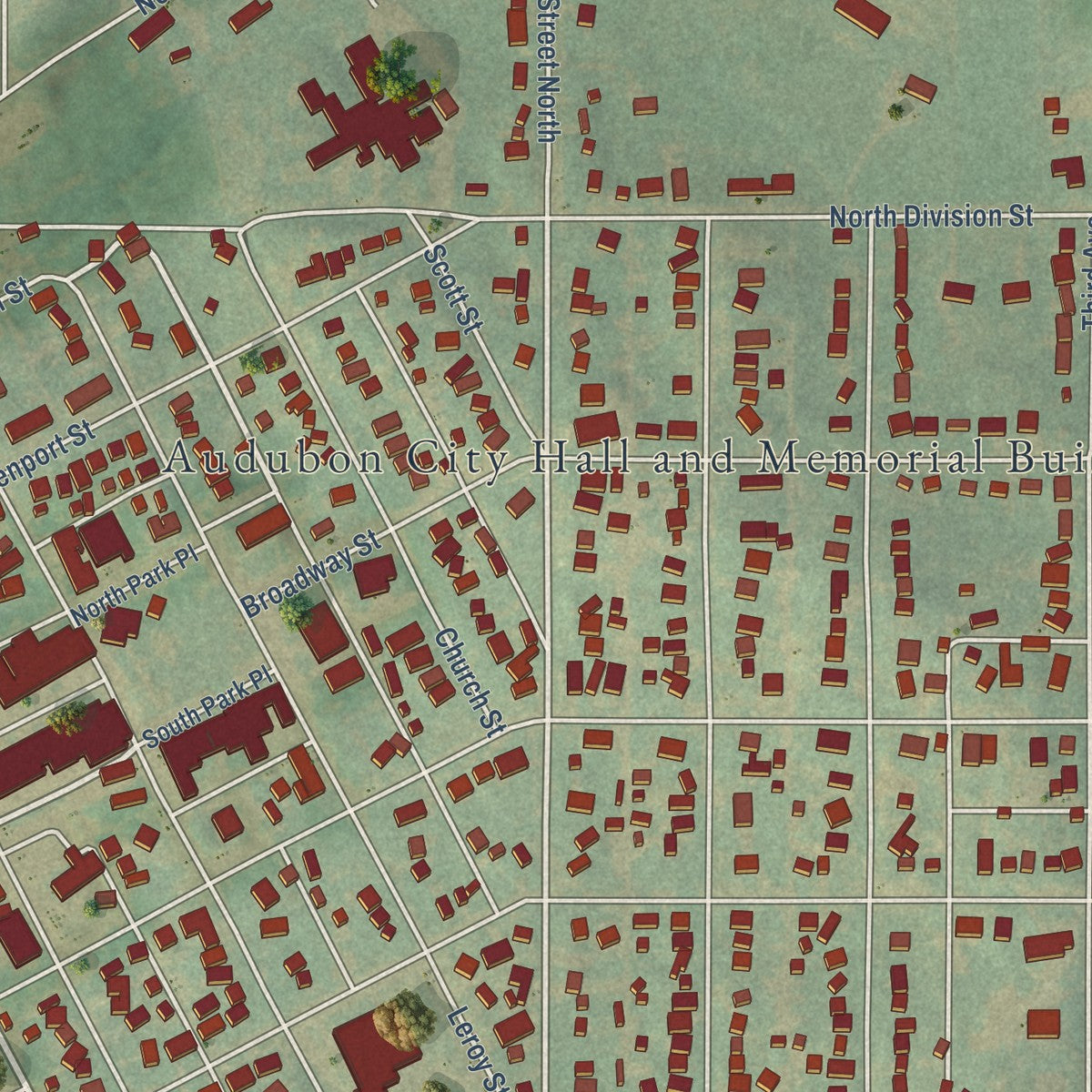 Close-up of the map of Audubon, Iowa print showing street and building detail