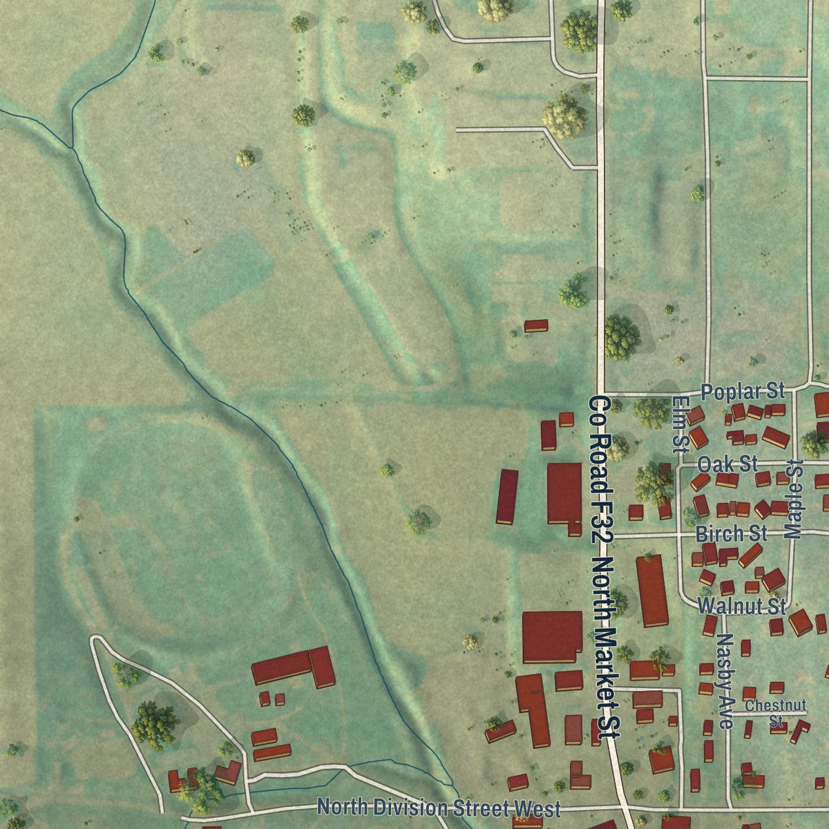 Second close-up of the map of Audubon, Iowa print showing more streets and buildings