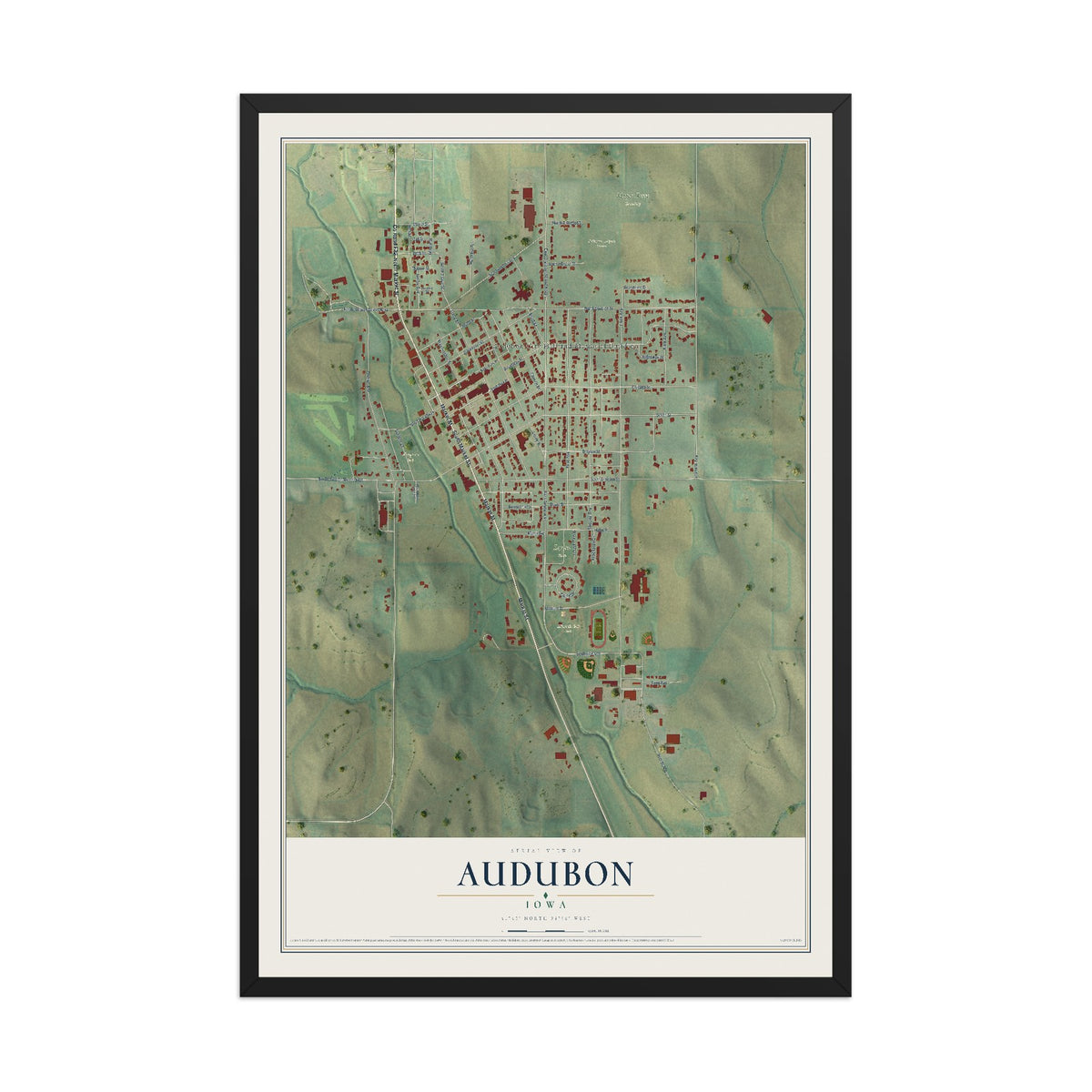 Map of Audubon, Iowa, 12 x 18 inch print in a black wood frame
