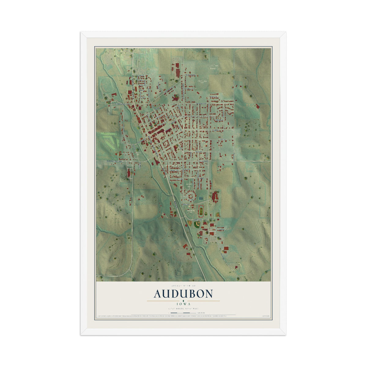 Map of Audubon, Iowa, 12 x 18 inch print in a white wood frame