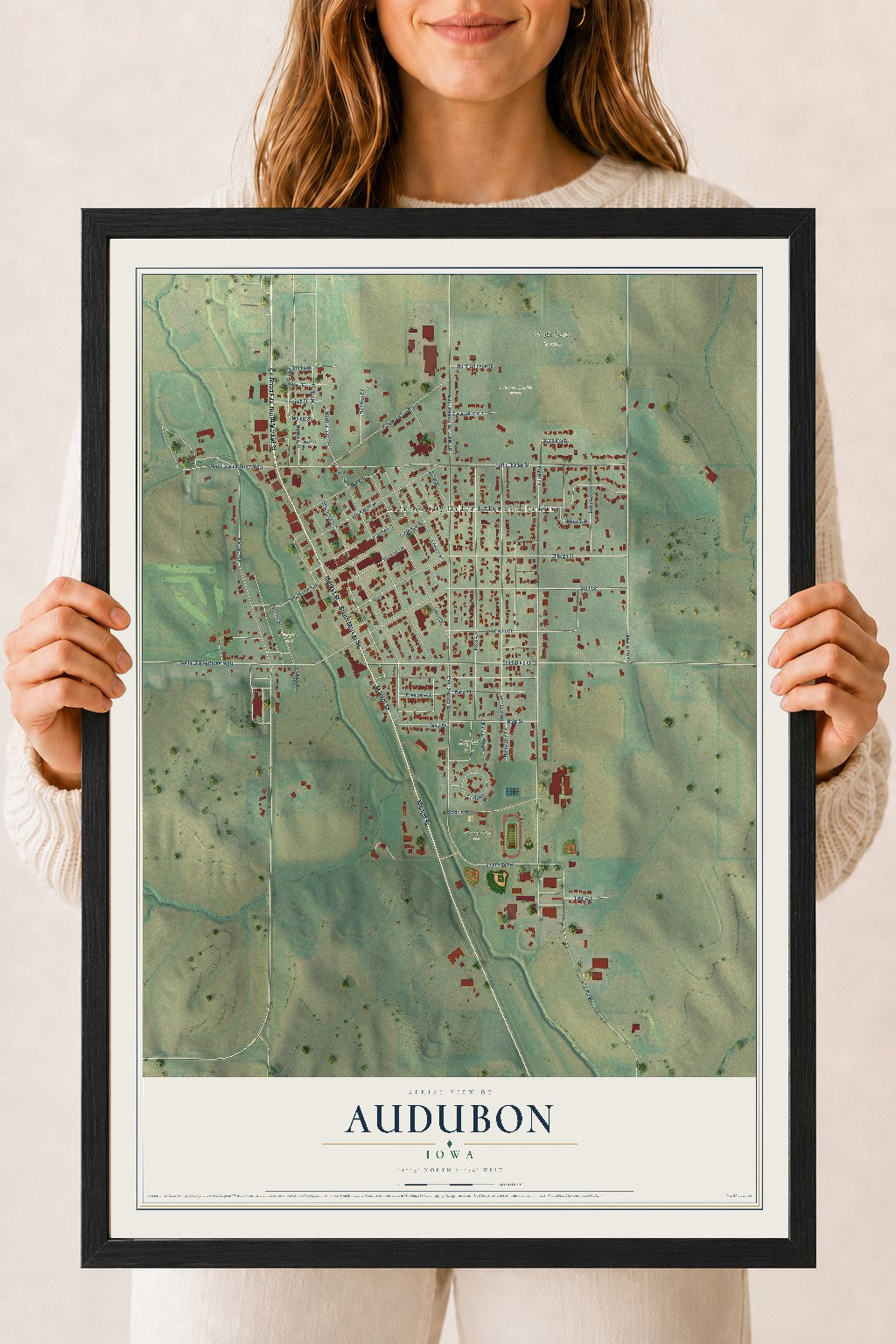 Map of Audubon, Iowa, 18 x 24 inch print in a black wood frame