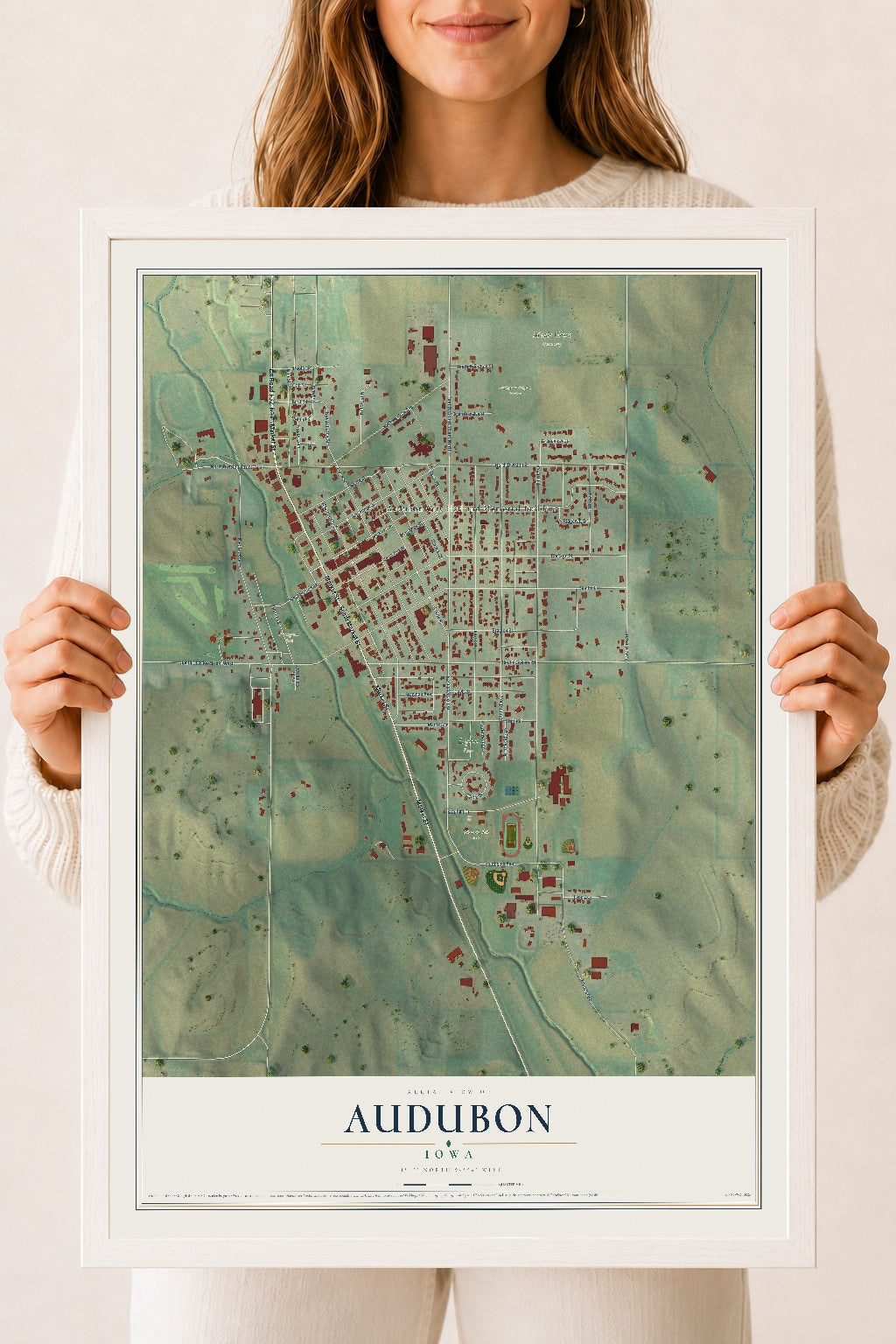 Map of Audubon, Iowa, 18 x 24 inch print in a white wood frame