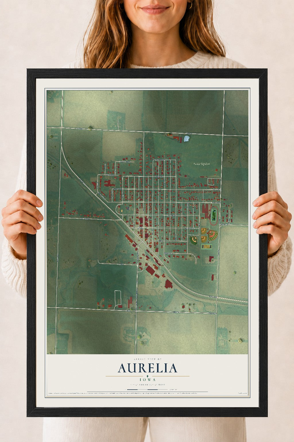 Map of Aurelia, Iowa, 18 x 24 inch print in a black wood frame