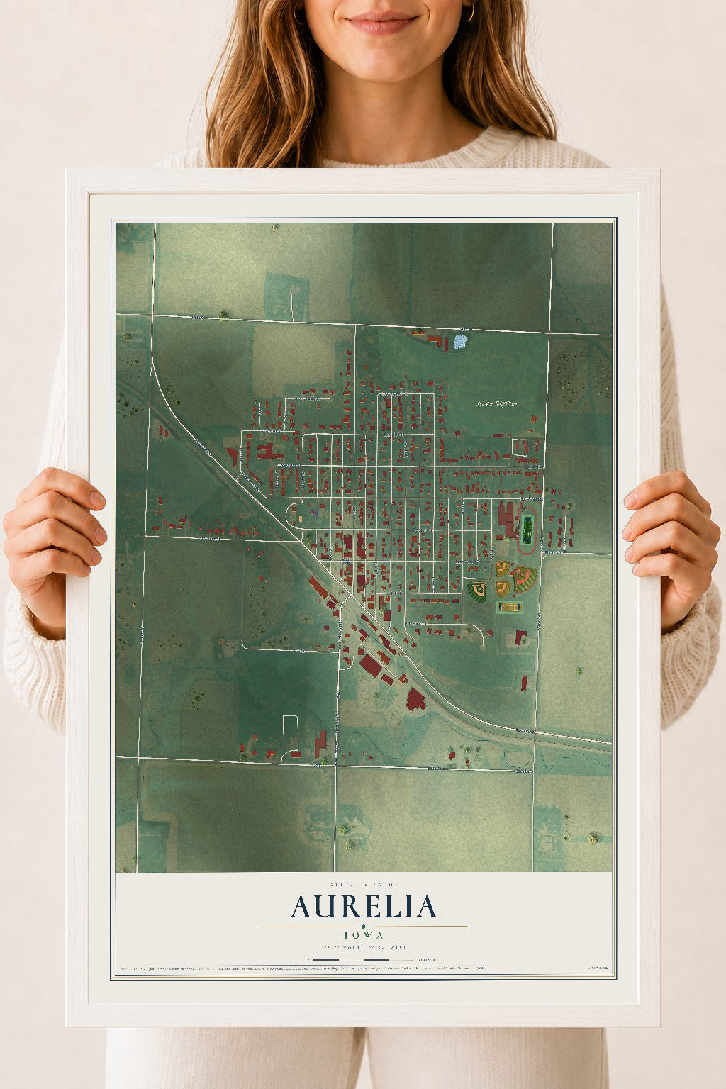 Map of Aurelia, Iowa, 18 x 24 inch print in a white wood frame
