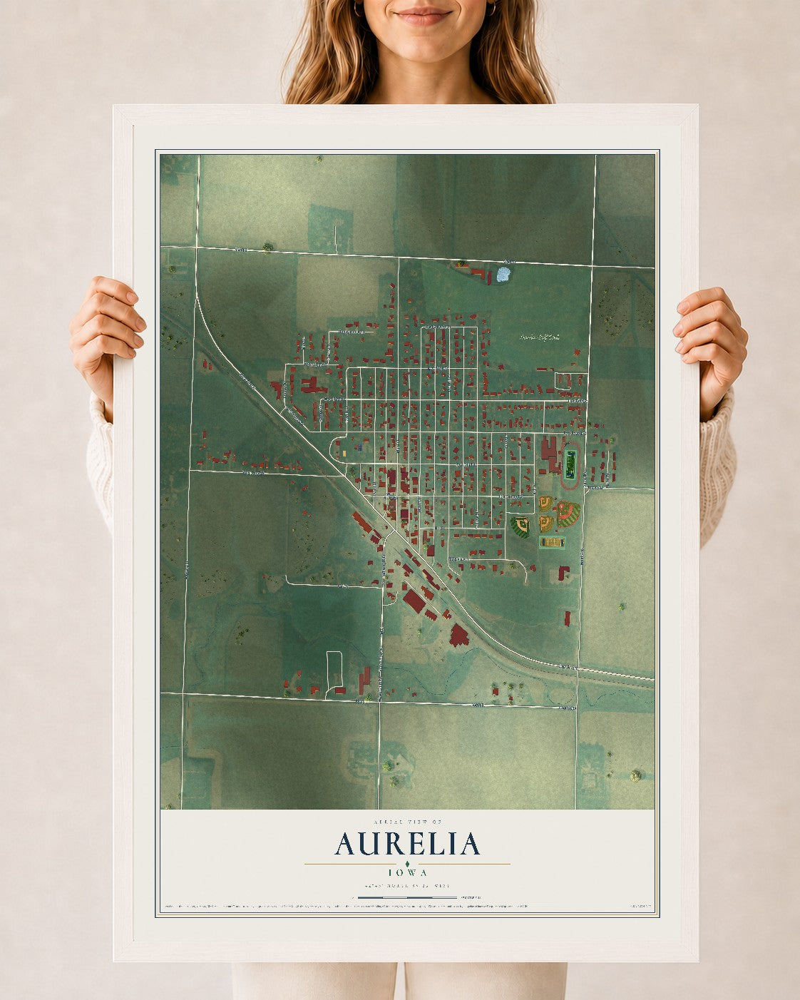 Map of Aurelia, Iowa, 24 x 36 inch print in a white wood frame