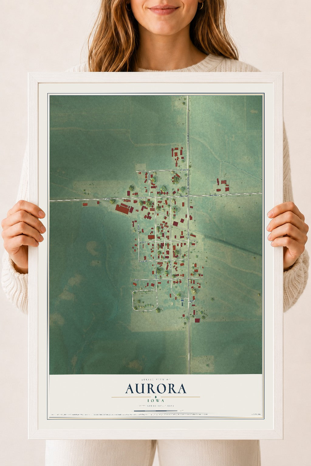 Map of Aurora, Iowa, 18 x 24 inch print in a white wood frame