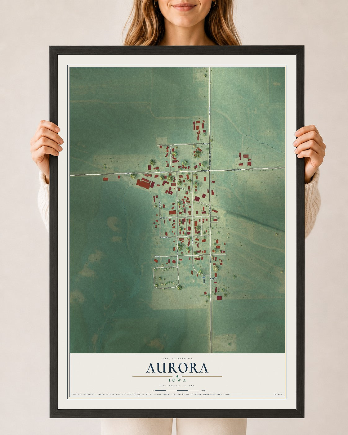 Map of Aurora, Iowa, 24 x 36 inch print in a black wood frame