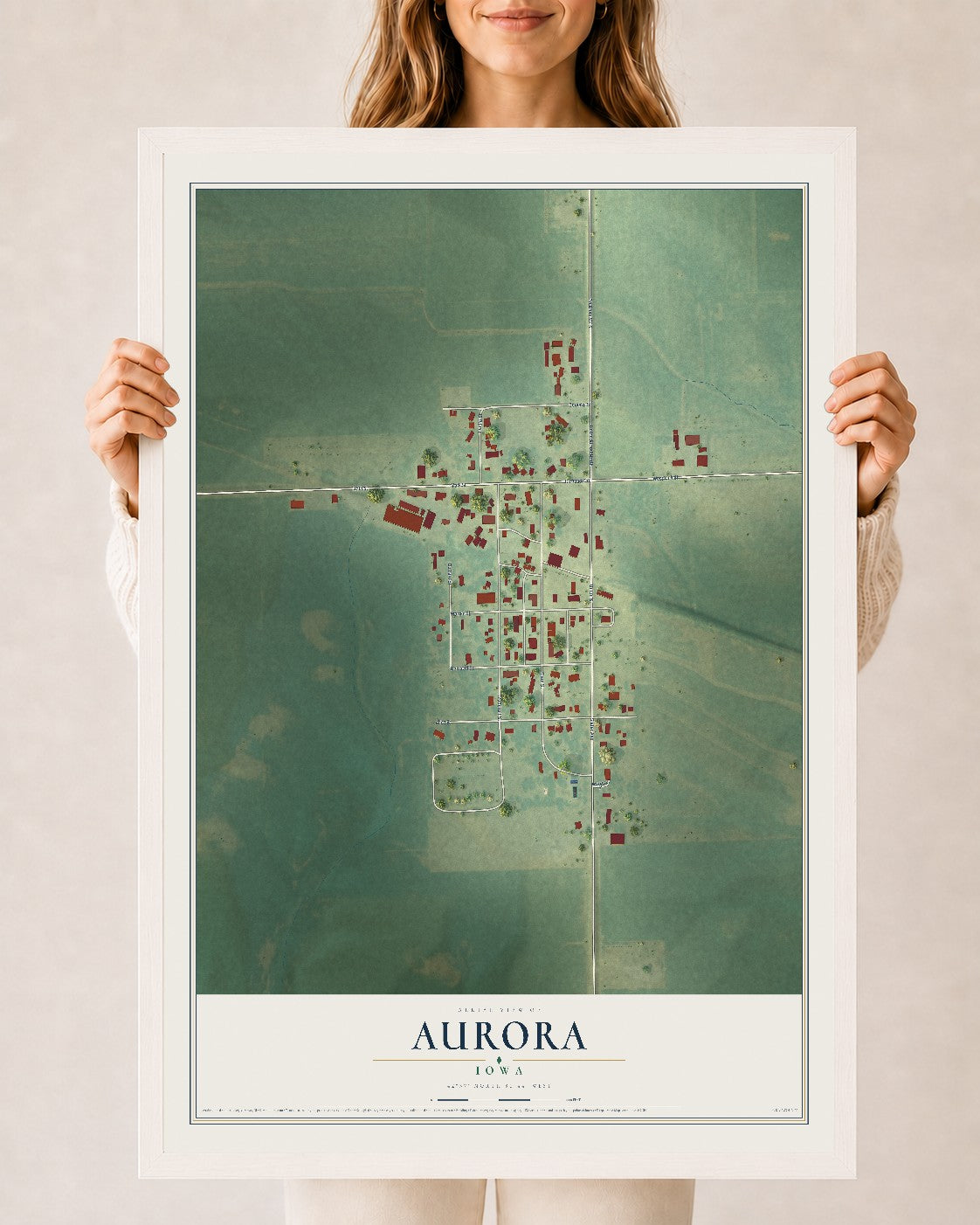 Map of Aurora, Iowa, 24 x 36 inch print in a white wood frame