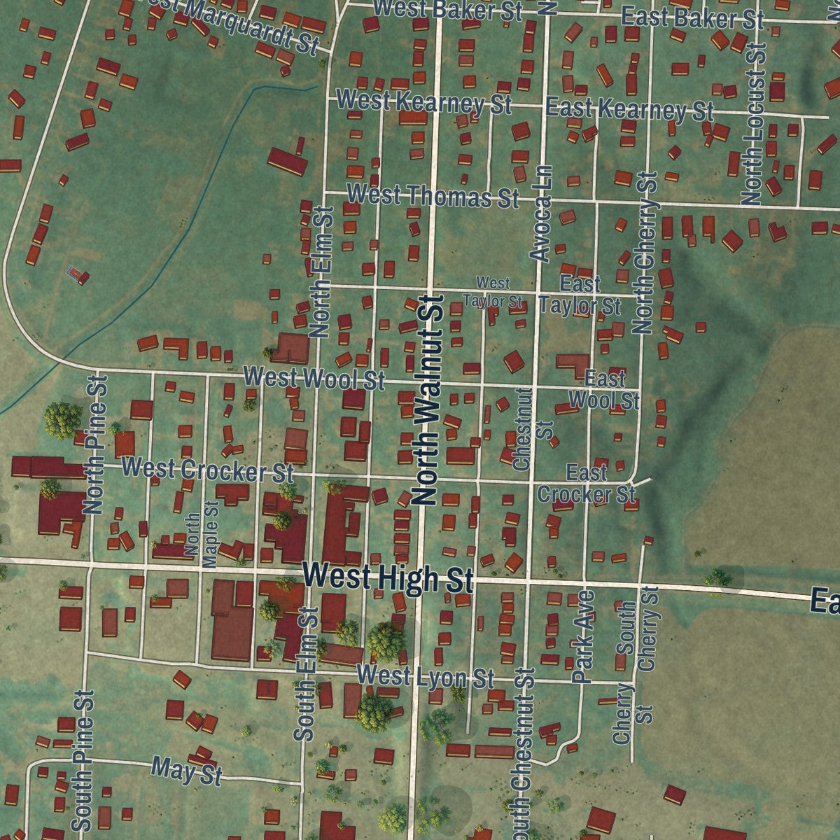 Close-up of the map of Avoca, Iowa print showing street and building detail