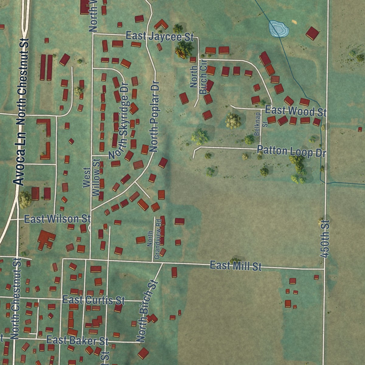 Second close-up of the map of Avoca, Iowa print showing more streets and buildings