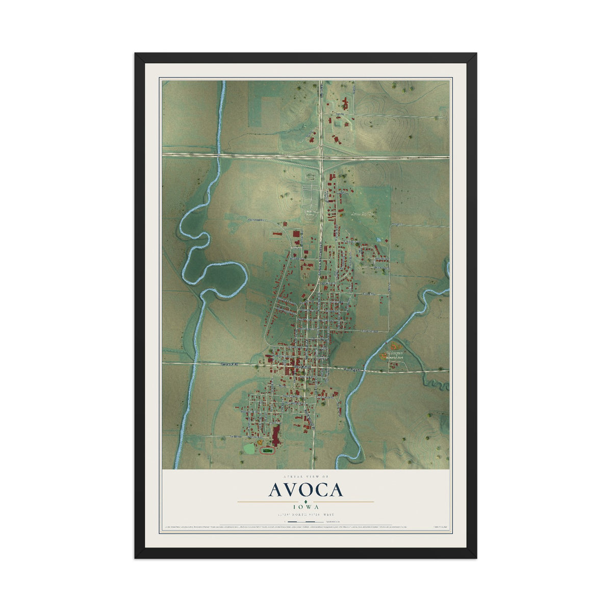 Map of Avoca, Iowa, 12 x 18 inch print in a black wood frame