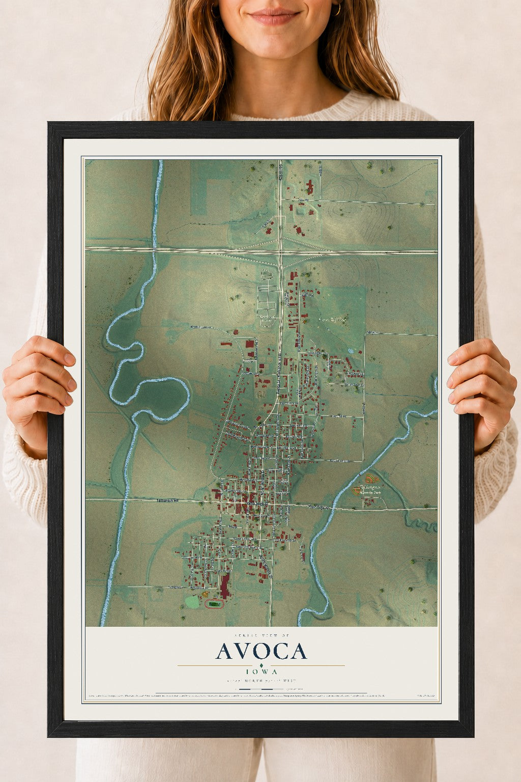 Map of Avoca, Iowa, 18 x 24 inch print in a black wood frame