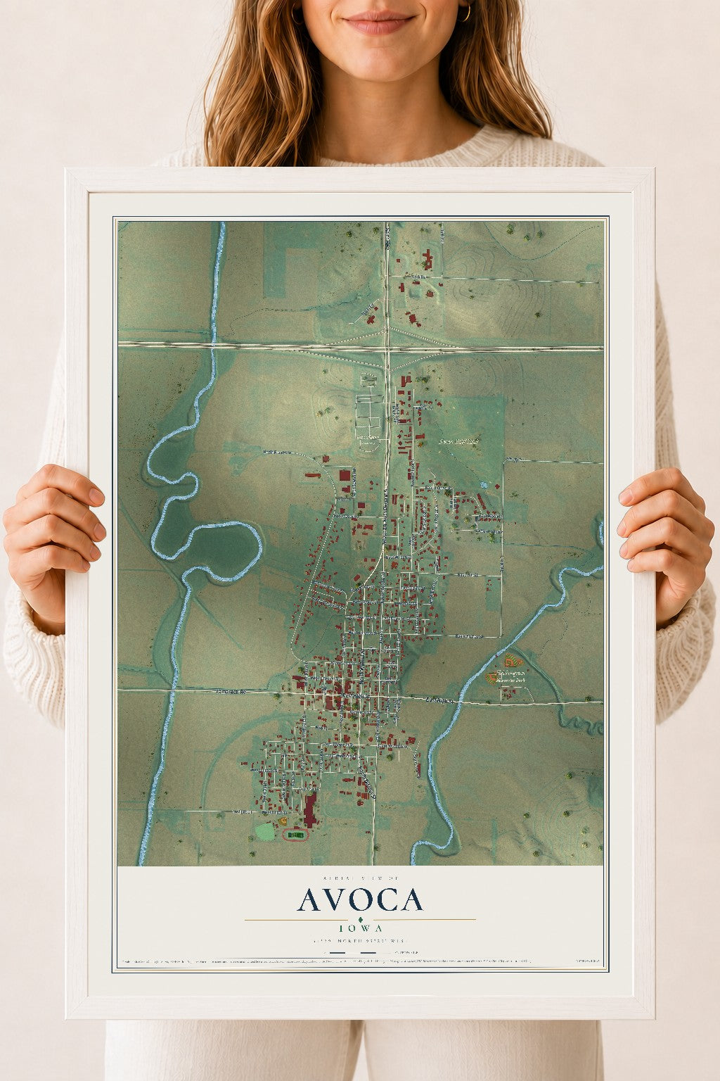 Map of Avoca, Iowa, 18 x 24 inch print in a white wood frame