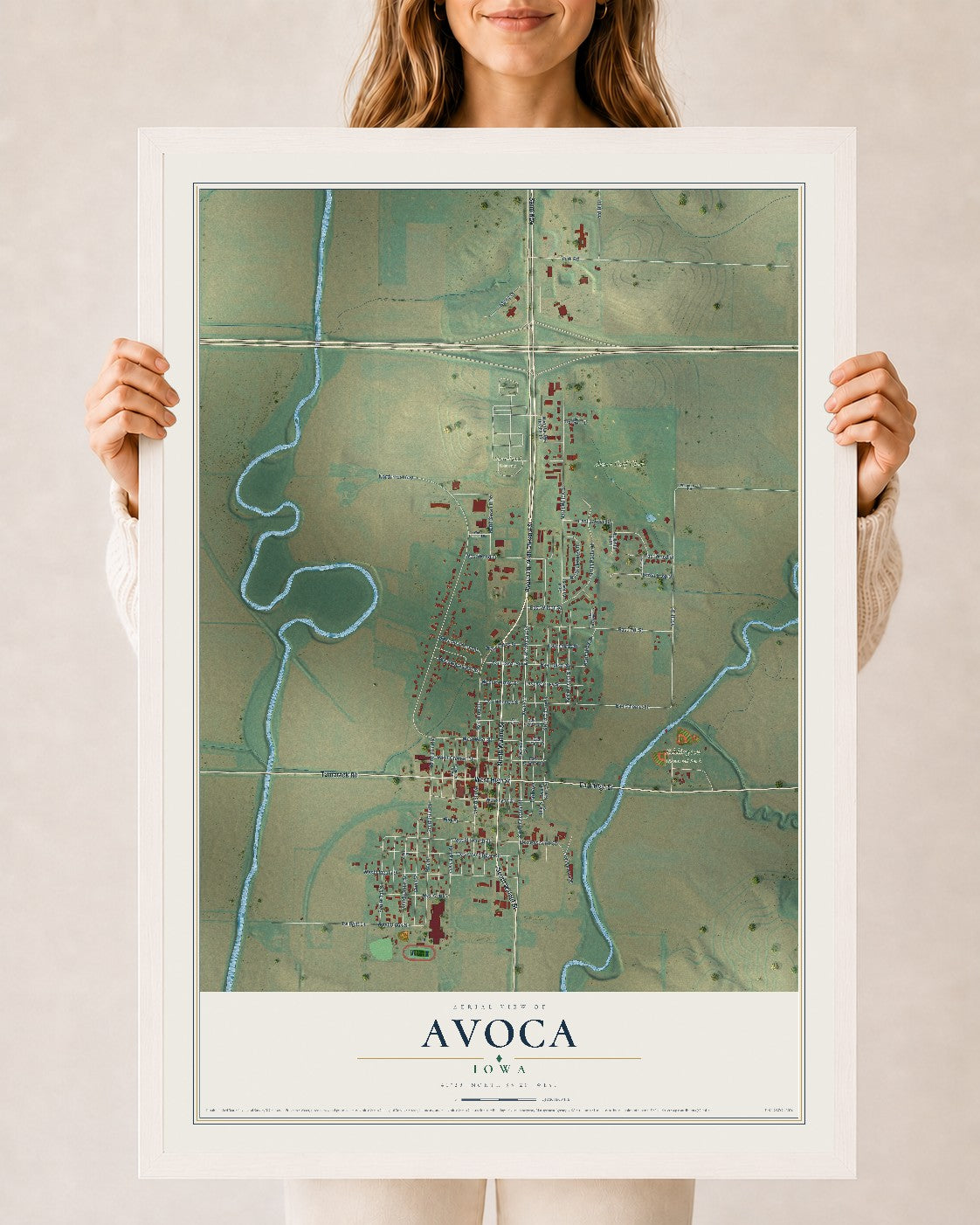 Map of Avoca, Iowa, 24 x 36 inch print in a white wood frame