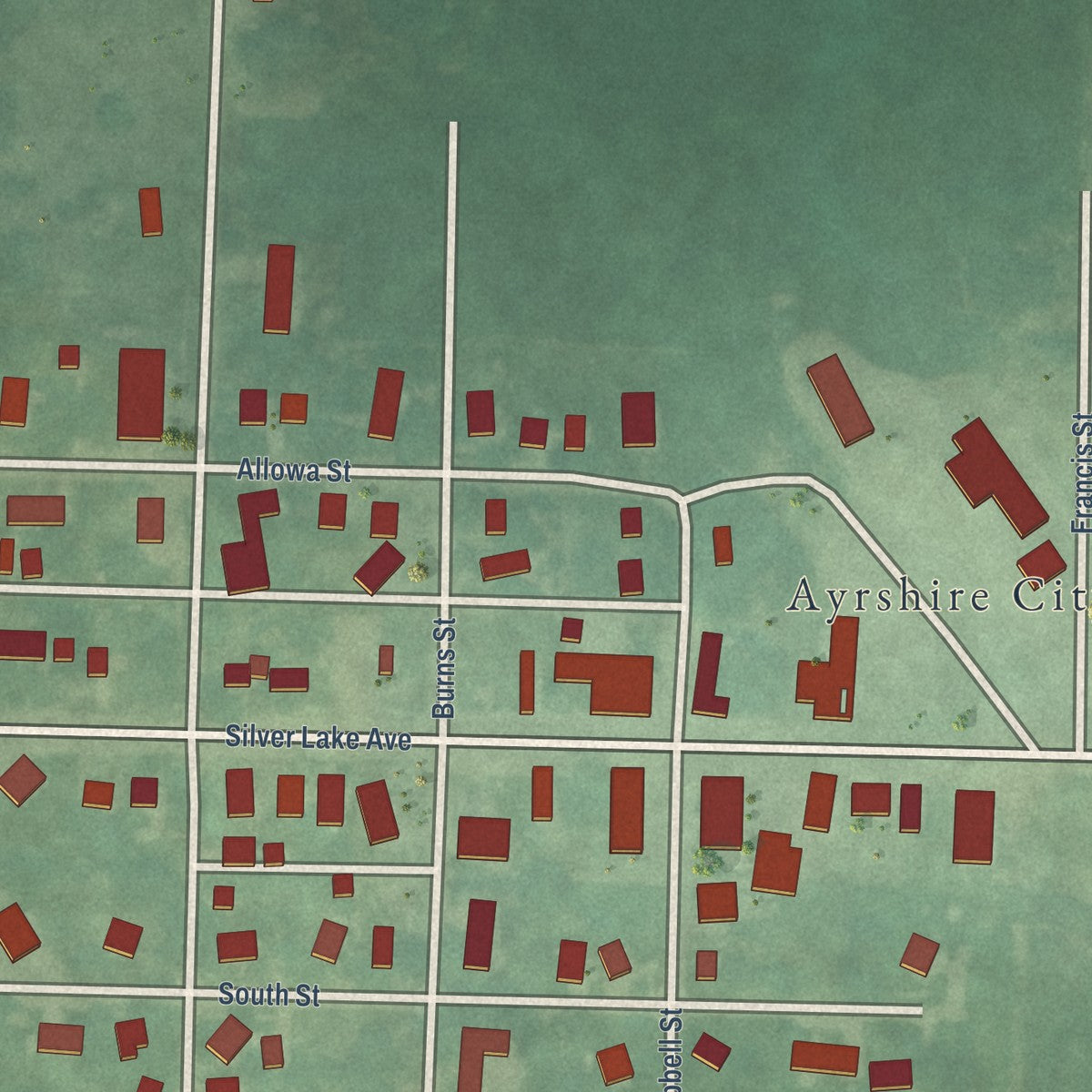 Close-up of the map of Ayrshire, Iowa print showing street and building detail