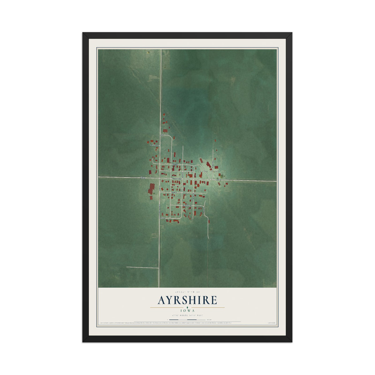 Map of Ayrshire, Iowa, 12 x 18 inch print in a black wood frame