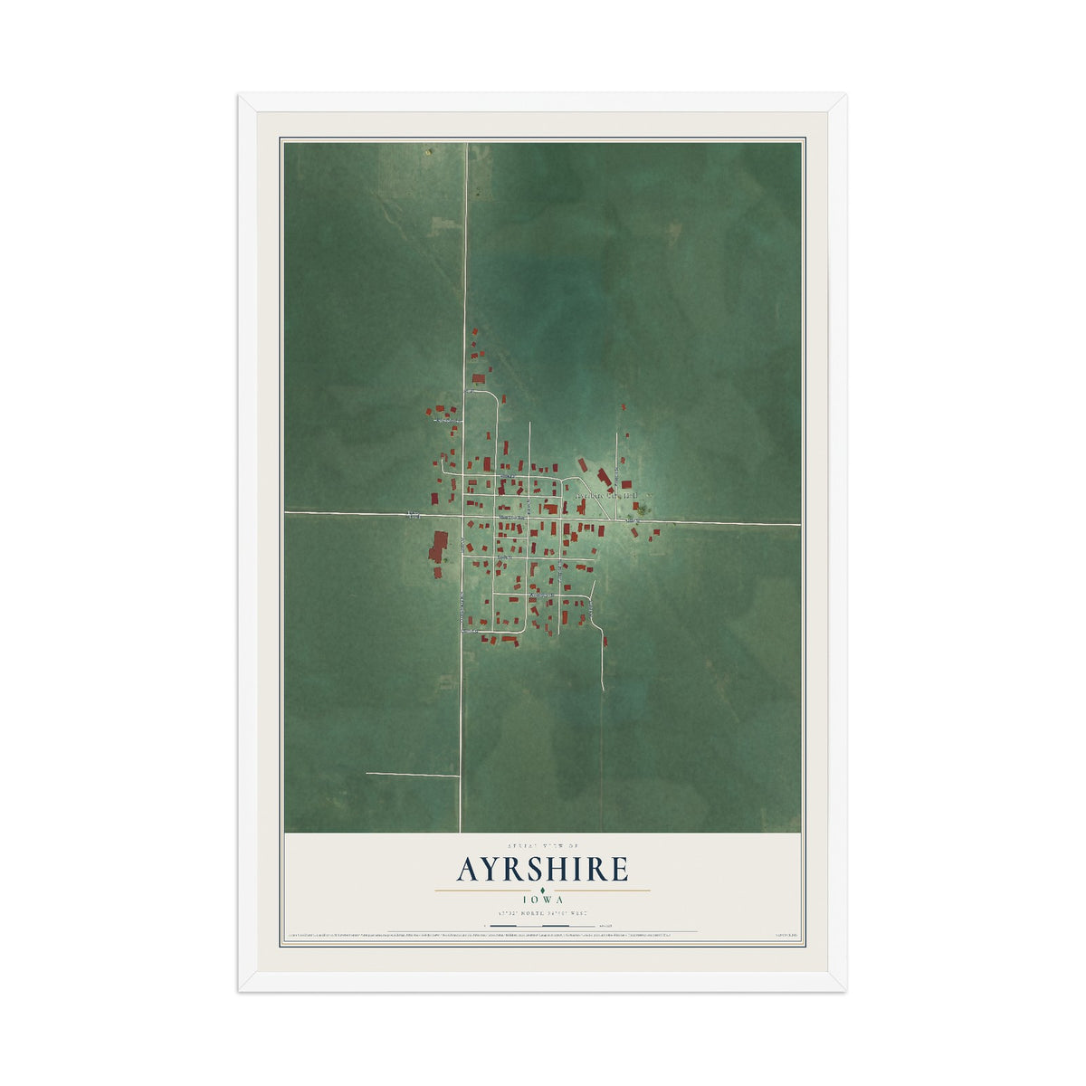 Map of Ayrshire, Iowa, 12 x 18 inch print in a white wood frame