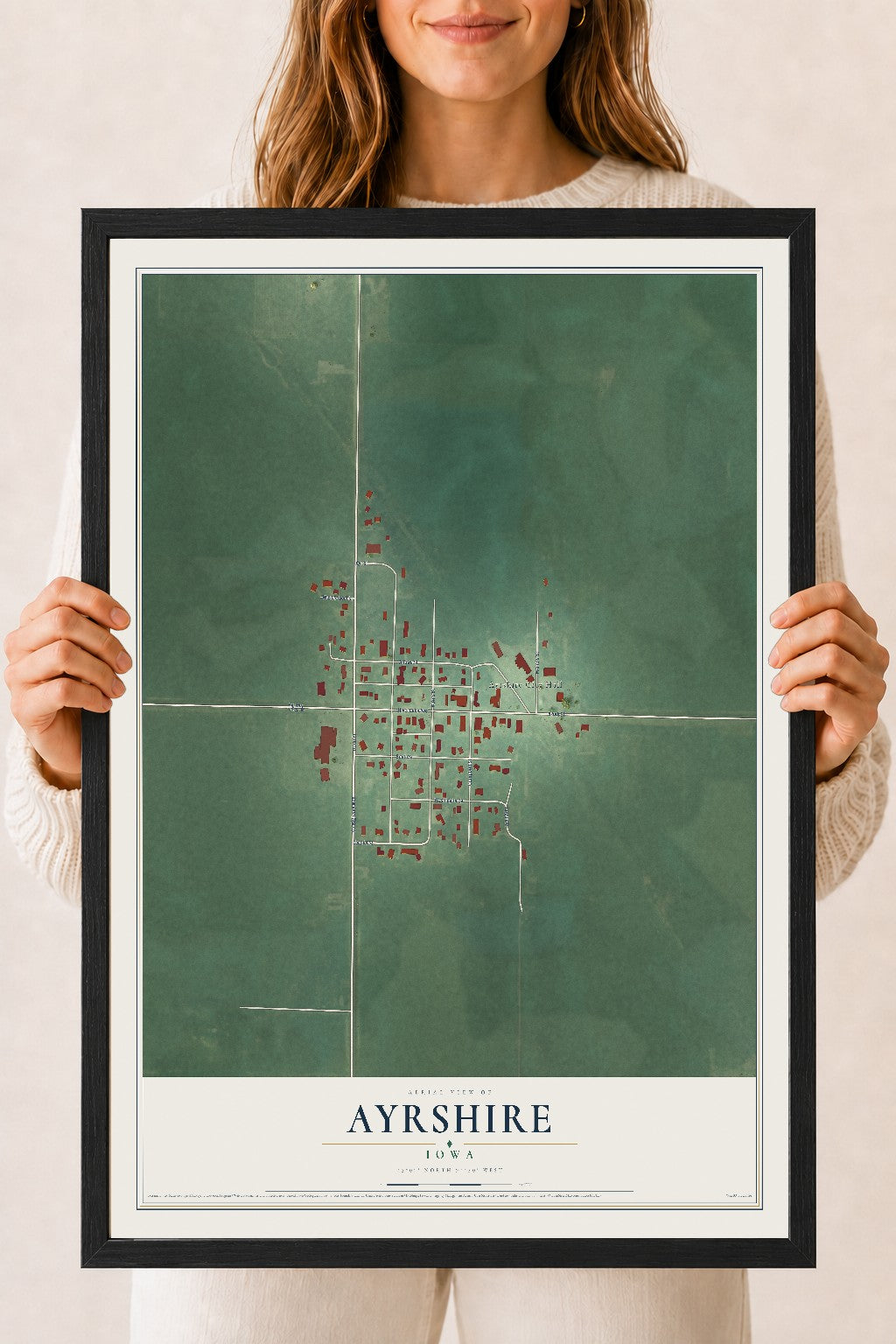 Map of Ayrshire, Iowa, 18 x 24 inch print in a black wood frame