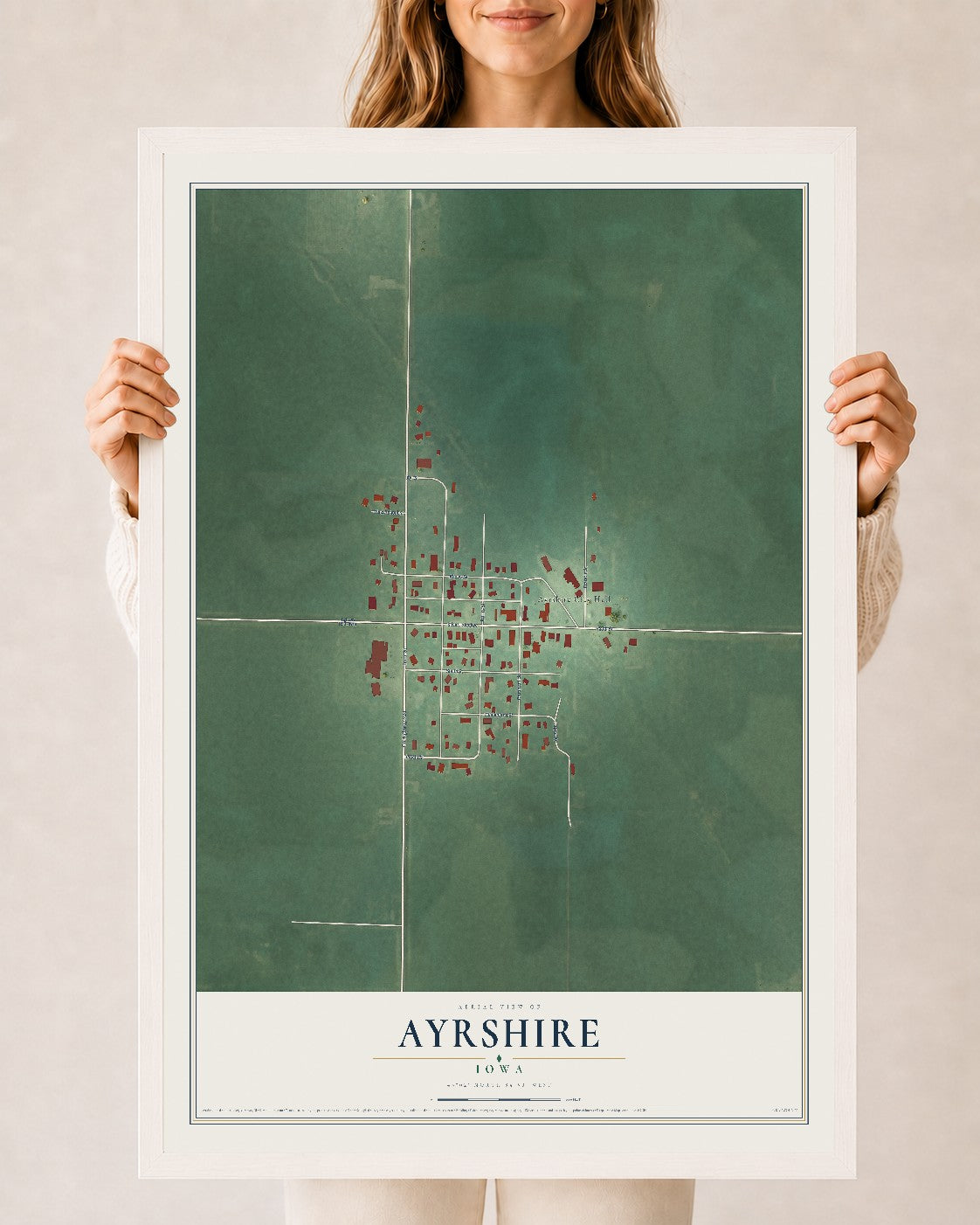 Map of Ayrshire, Iowa, 24 x 36 inch print in a white wood frame