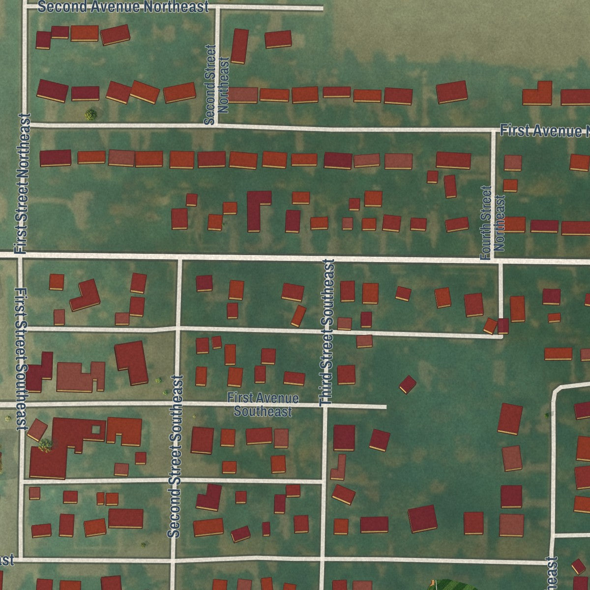 Close-up of the map of Badger, Iowa print showing street and building detail