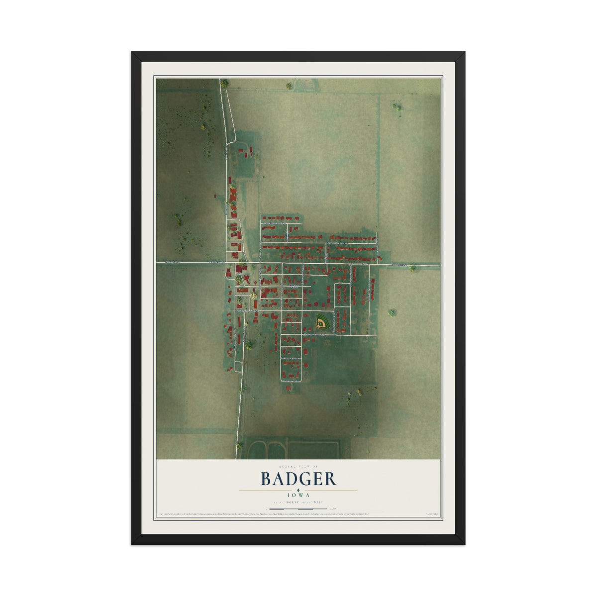 Map of Badger, Iowa, 12 x 18 inch print in a black wood frame