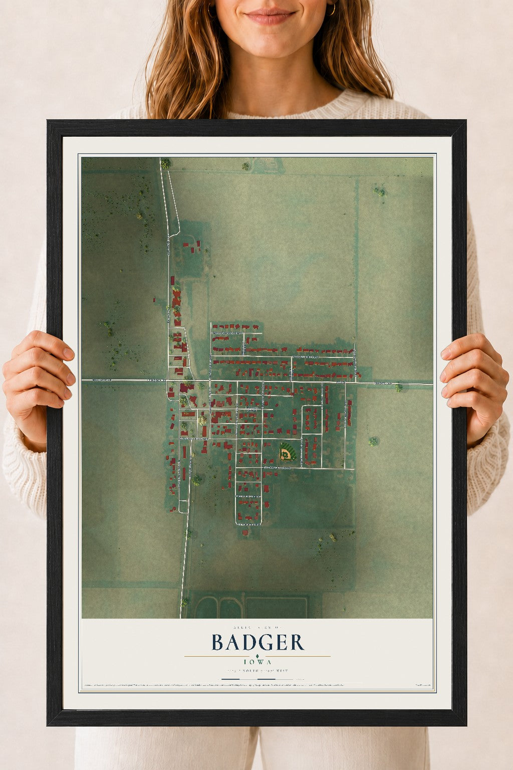 Map of Badger, Iowa, 18 x 24 inch print in a black wood frame