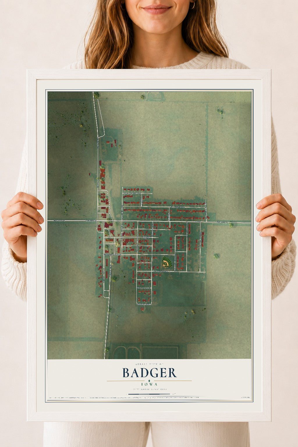 Map of Badger, Iowa, 18 x 24 inch print in a white wood frame