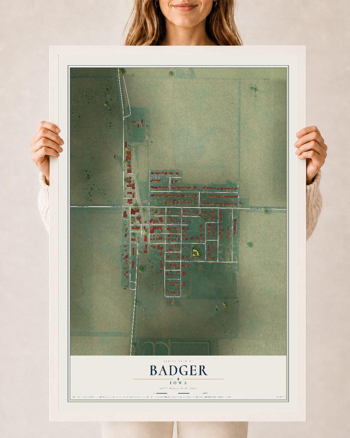 Map of Badger, Iowa, 24 x 36 inch print in a white wood frame