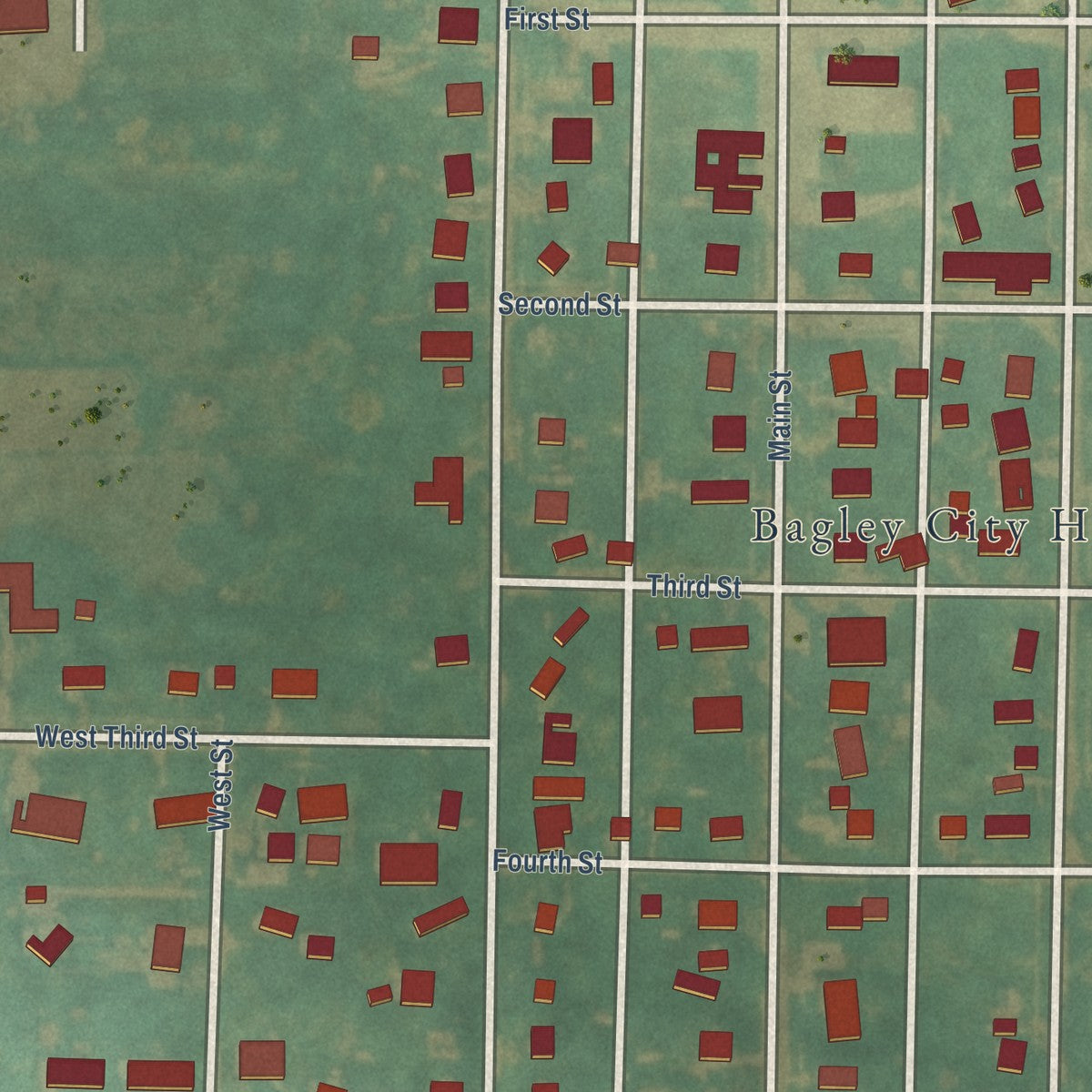 Close-up of the map of Bagley, Iowa print showing street and building detail
