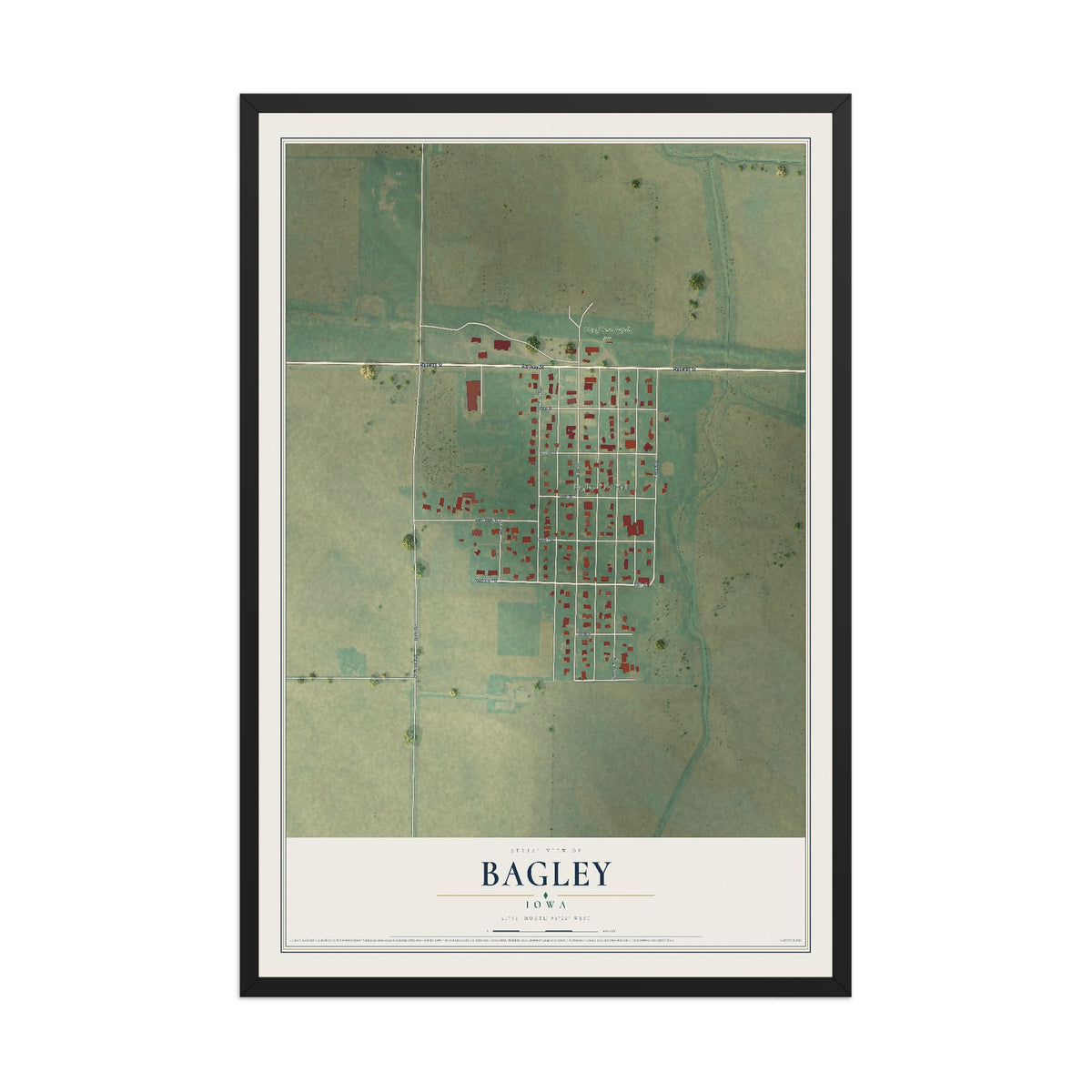 Map of Bagley, Iowa, 12 x 18 inch print in a black wood frame