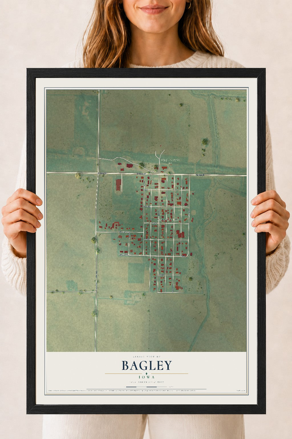 Map of Bagley, Iowa, 18 x 24 inch print in a black wood frame