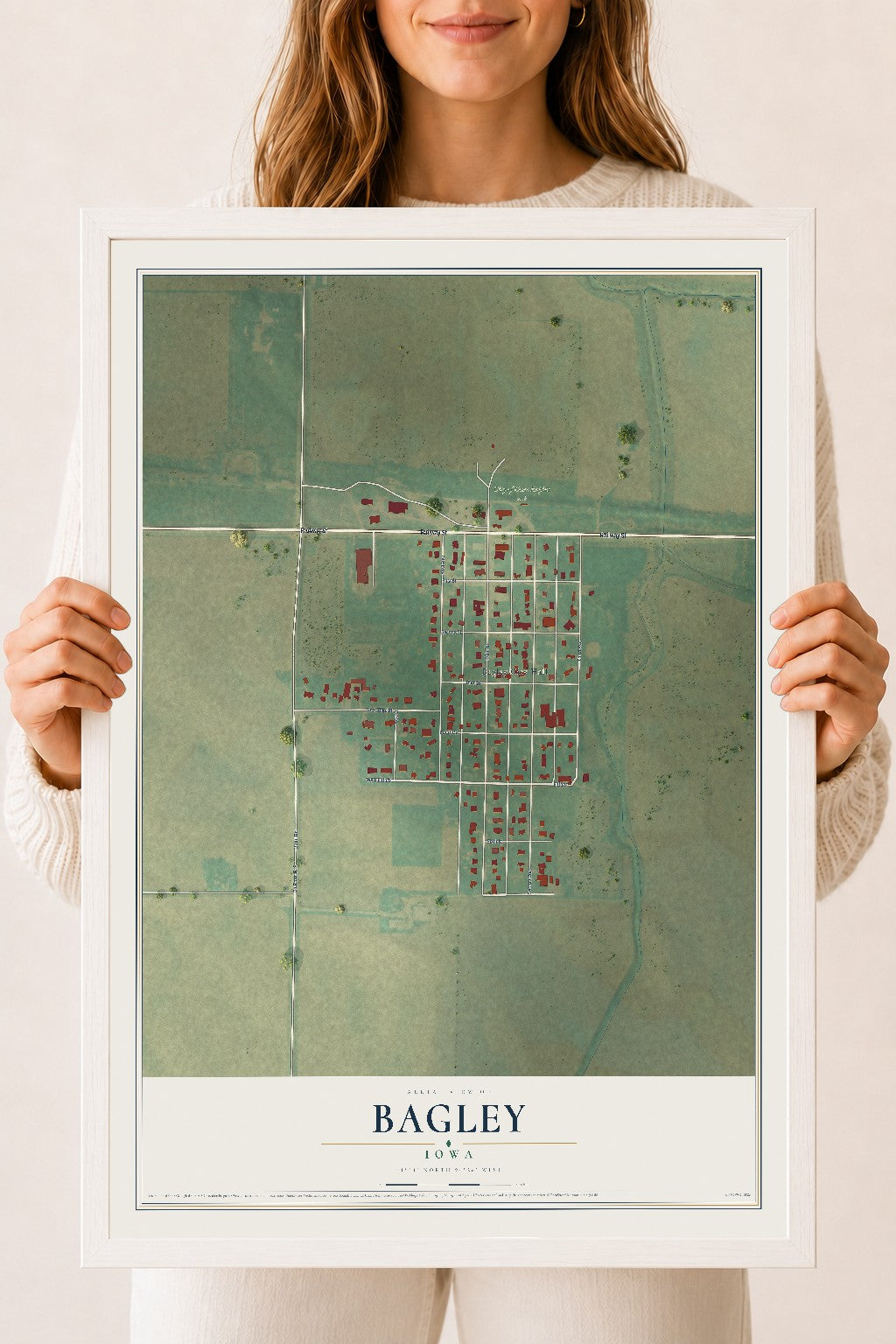 Map of Bagley, Iowa, 18 x 24 inch print in a white wood frame