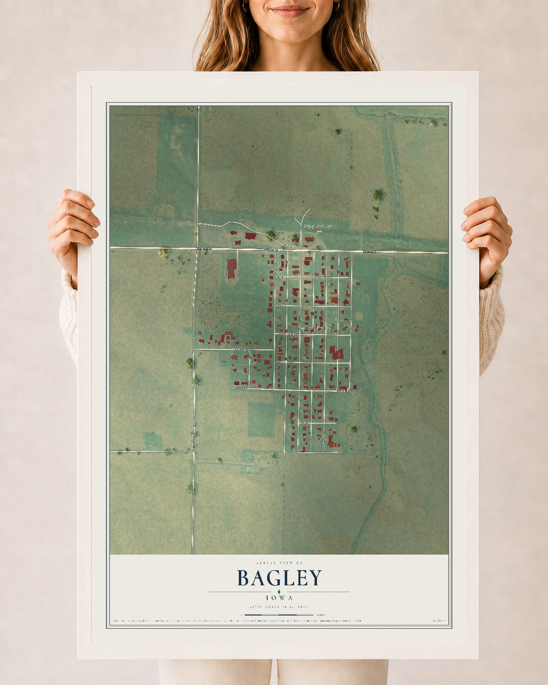 Map of Bagley, Iowa, 24 x 36 inch print in a white wood frame