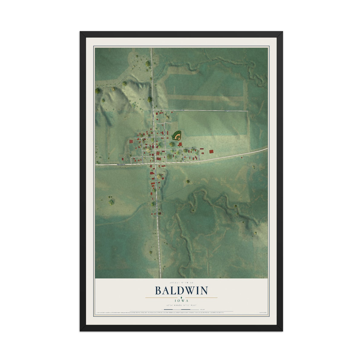 Map of Baldwin, Iowa, 12 x 18 inch print in a black wood frame