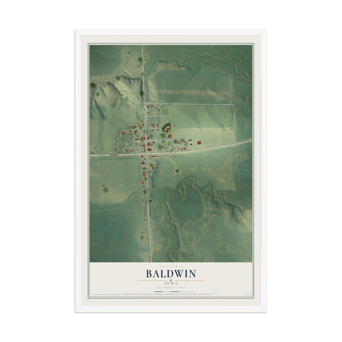 Map of Baldwin, Iowa, 12 x 18 inch print in a white wood frame