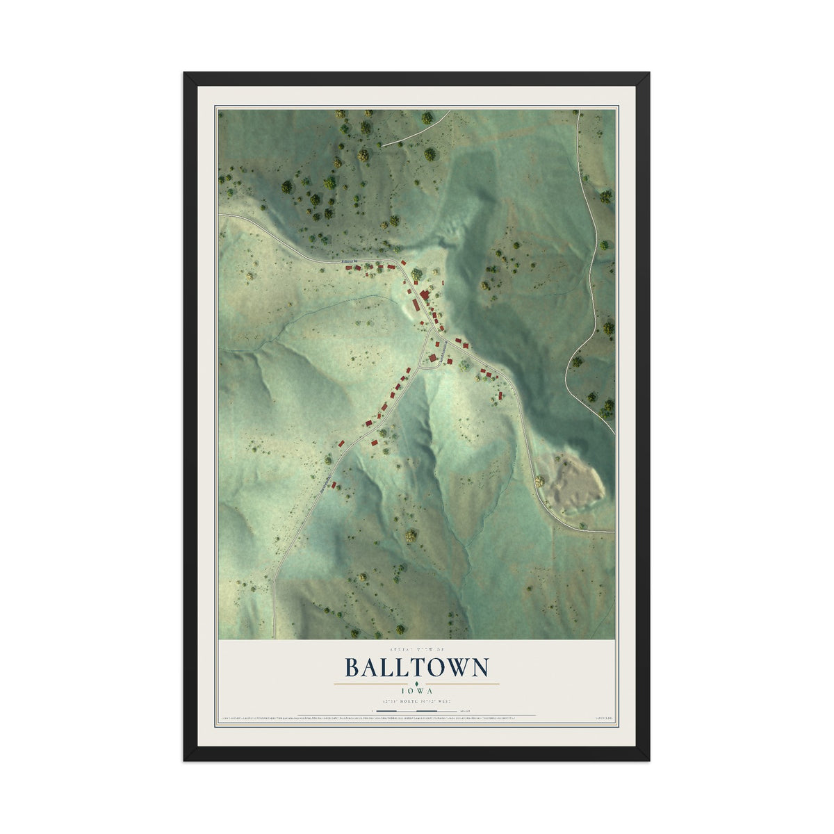 Map of Balltown, Iowa, 12 x 18 inch print in a black wood frame