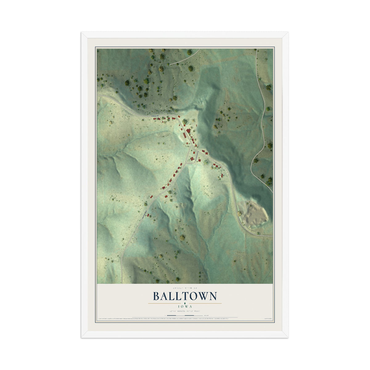Map of Balltown, Iowa, 12 x 18 inch print in a white wood frame