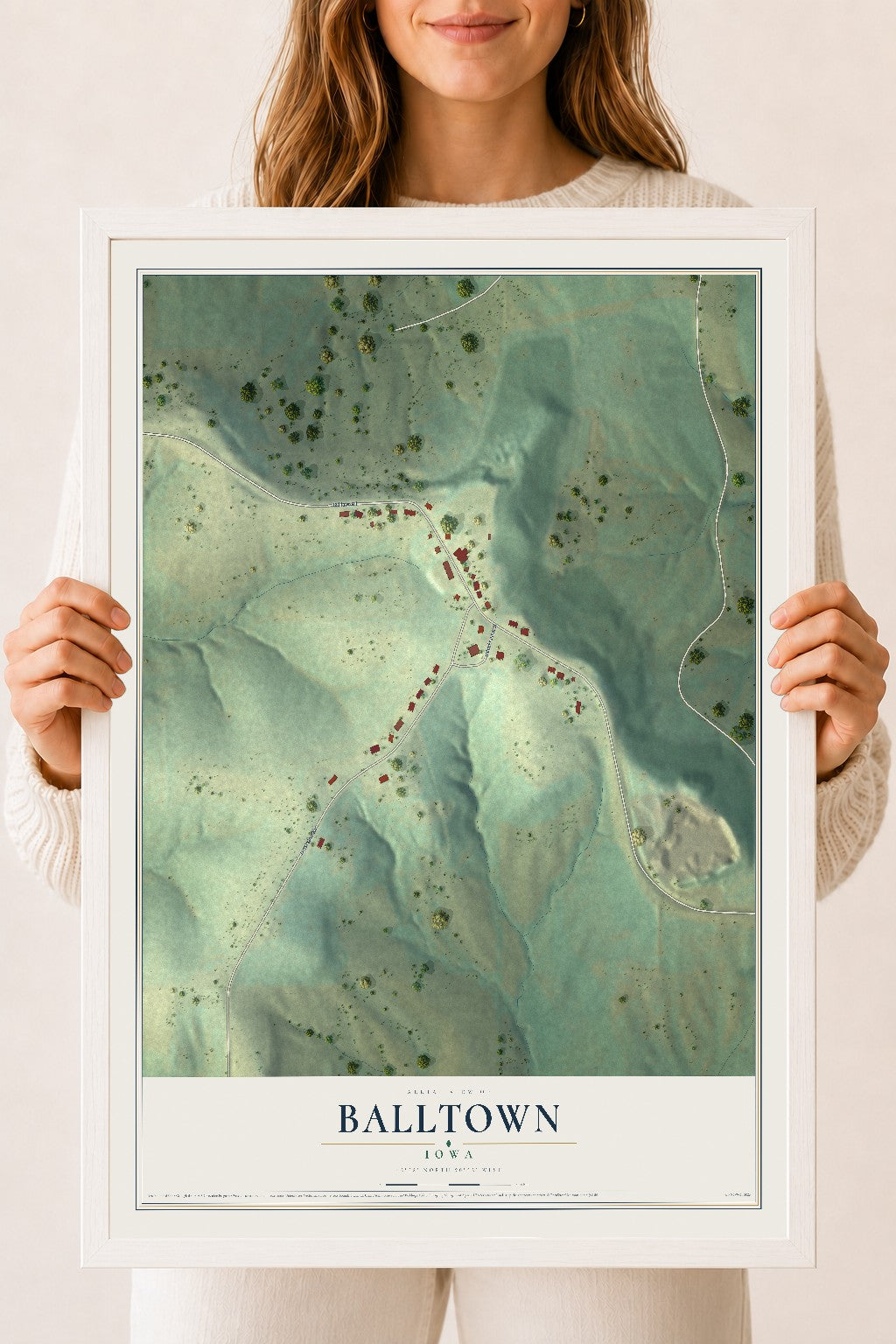 Map of Balltown, Iowa, 18 x 24 inch print in a white wood frame