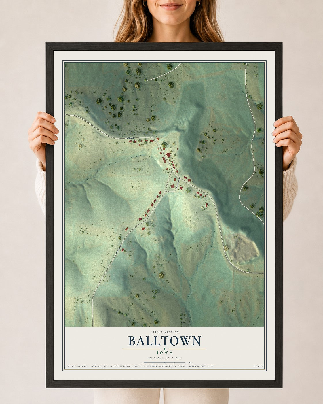 Map of Balltown, Iowa, 24 x 36 inch print in a black wood frame