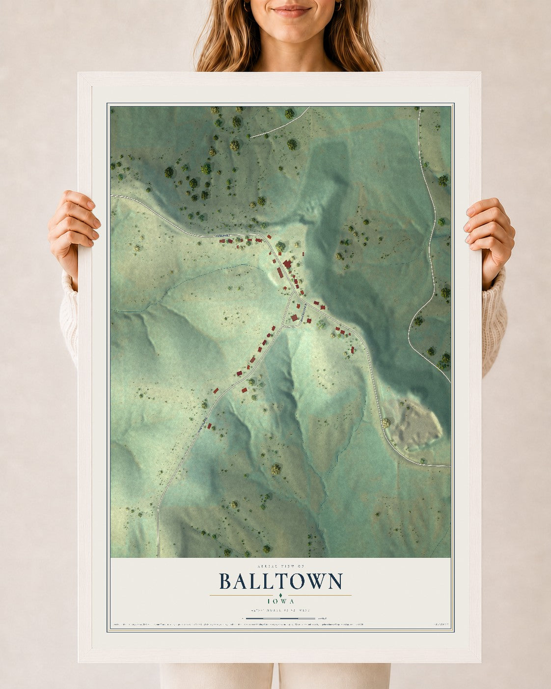 Map of Balltown, Iowa, 24 x 36 inch print in a white wood frame