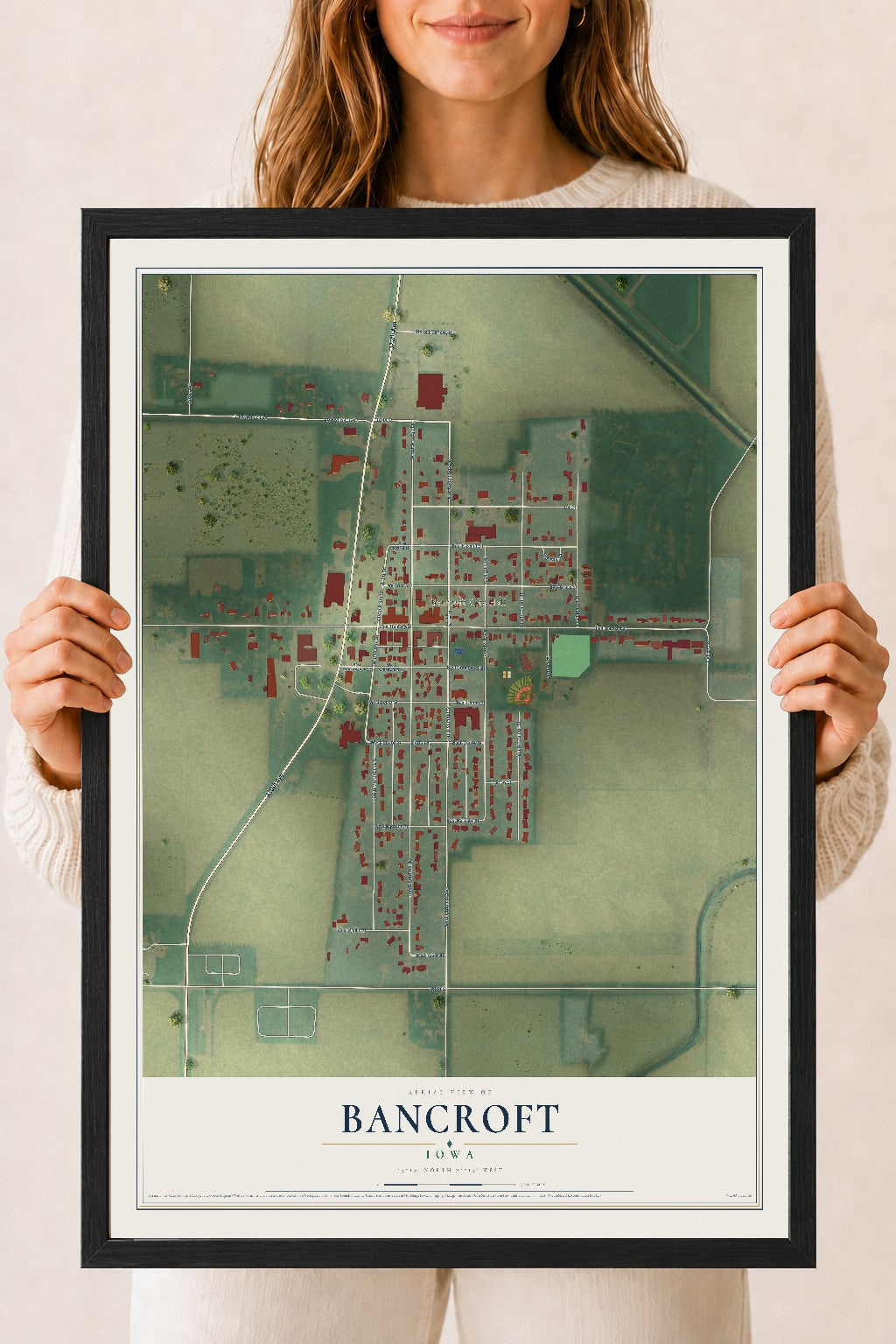 Map of Bancroft, Iowa, 18 x 24 inch print in a black wood frame
