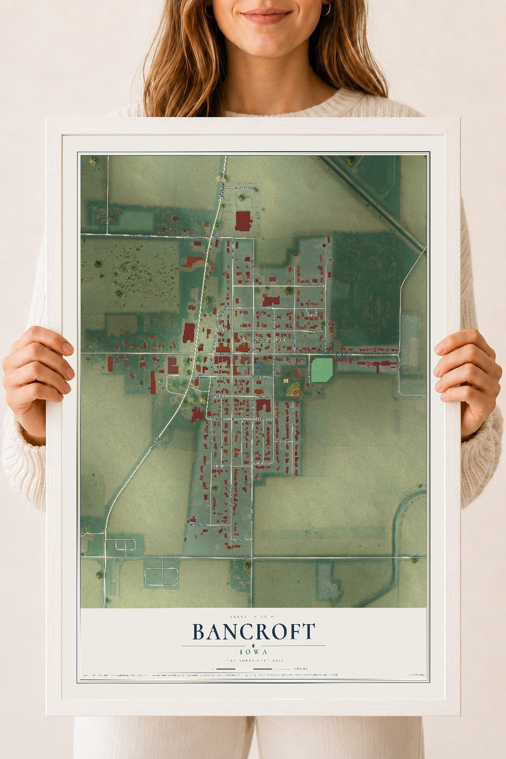 Map of Bancroft, Iowa, 18 x 24 inch print in a white wood frame