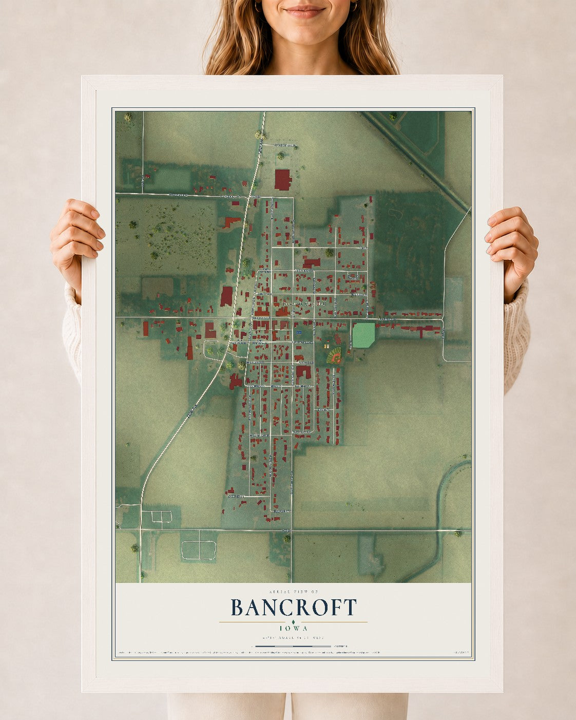 Map of Bancroft, Iowa, 24 x 36 inch print in a white wood frame