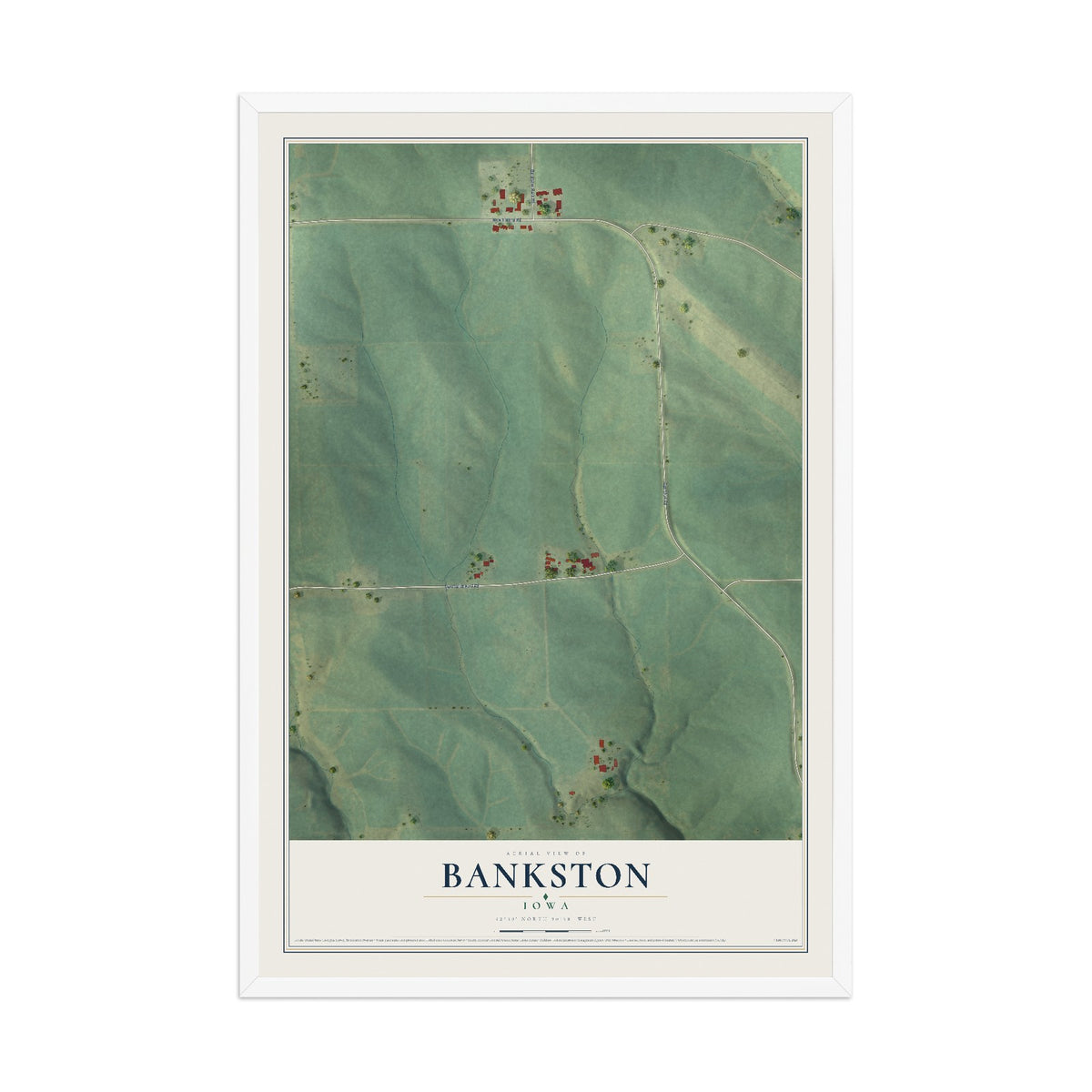 Map of Bankston, Iowa, 12 x 18 inch print in a white wood frame