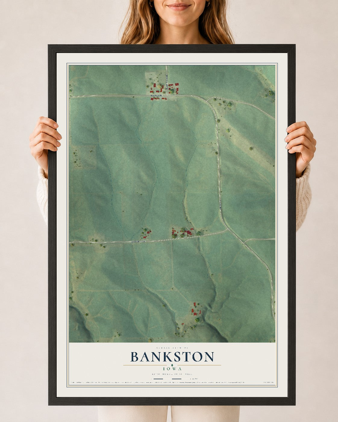 Map of Bankston, Iowa, 24 x 36 inch print in a black wood frame