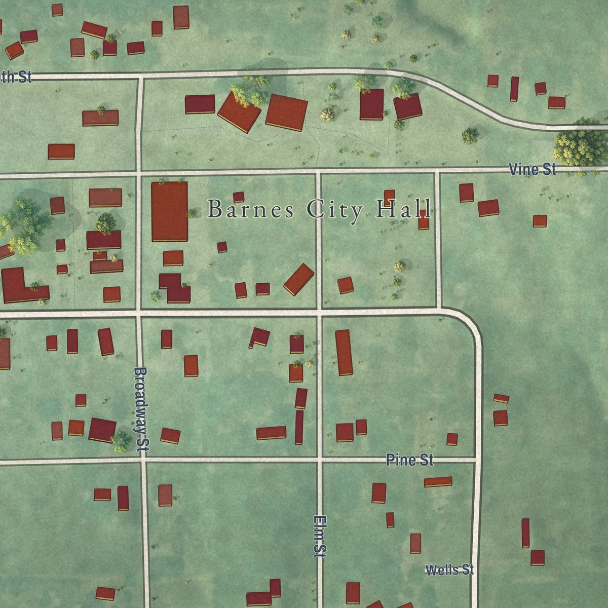 Close-up of the map of Barnes City, Iowa print showing street and building detail