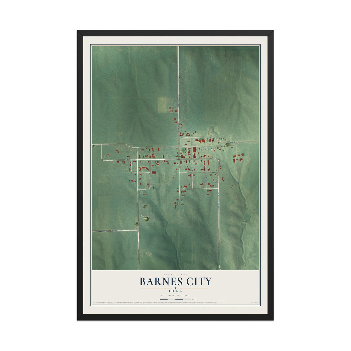 Map of Barnes City, Iowa, 12 x 18 inch print in a black wood frame